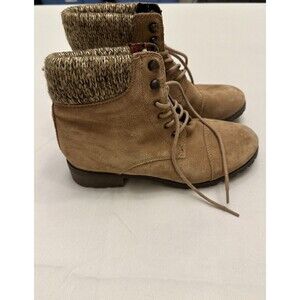 Bjorndal Phoebe Boot Tan Suede Leather Flannel Lined Cabincore Low Heel Lace Up